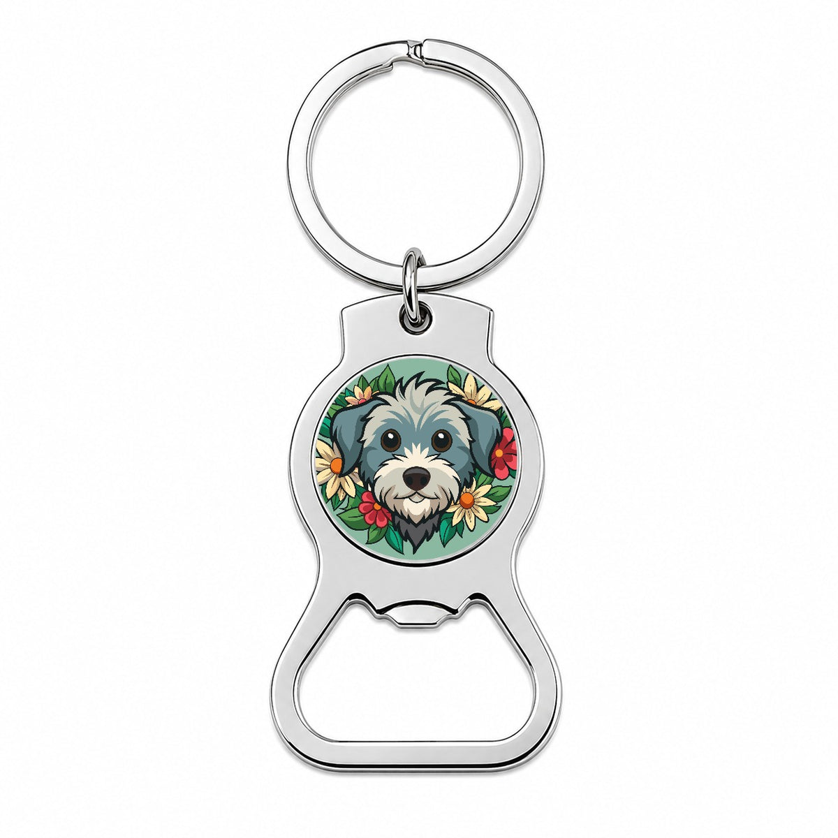 Schnoodle Head Floral Motif Green Dog Bottle Opener Keychain