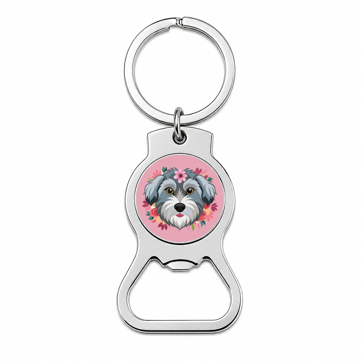 Schnoodle Head Floral Motif Pink Dog Bottle Opener Keychain