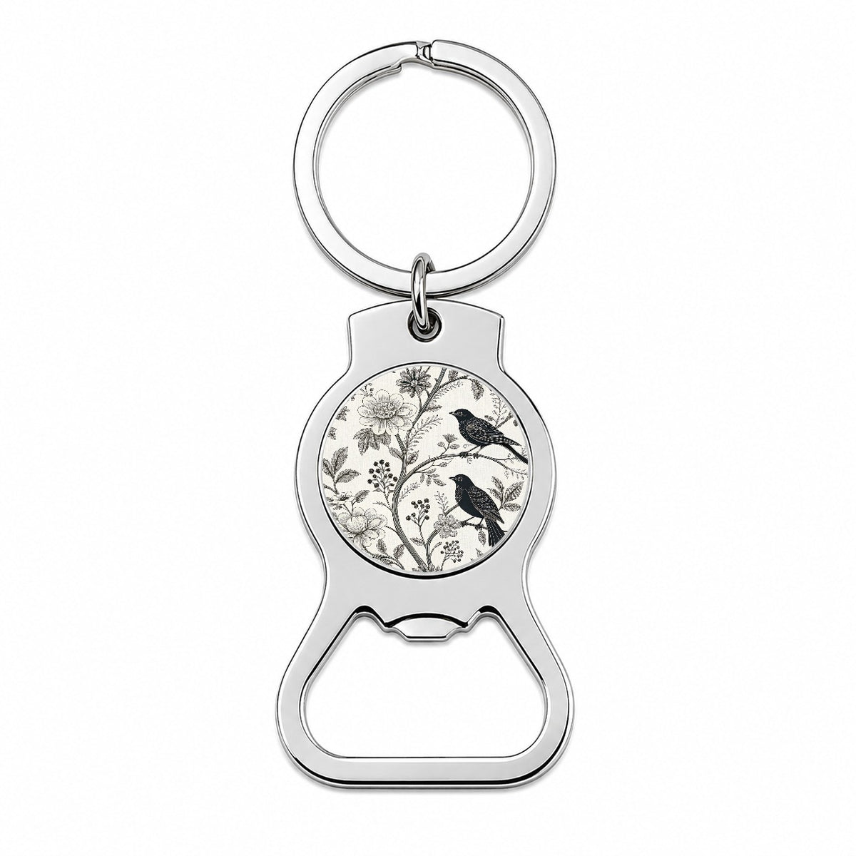 Black On White Toile With Birds Bottle Opener Keychain