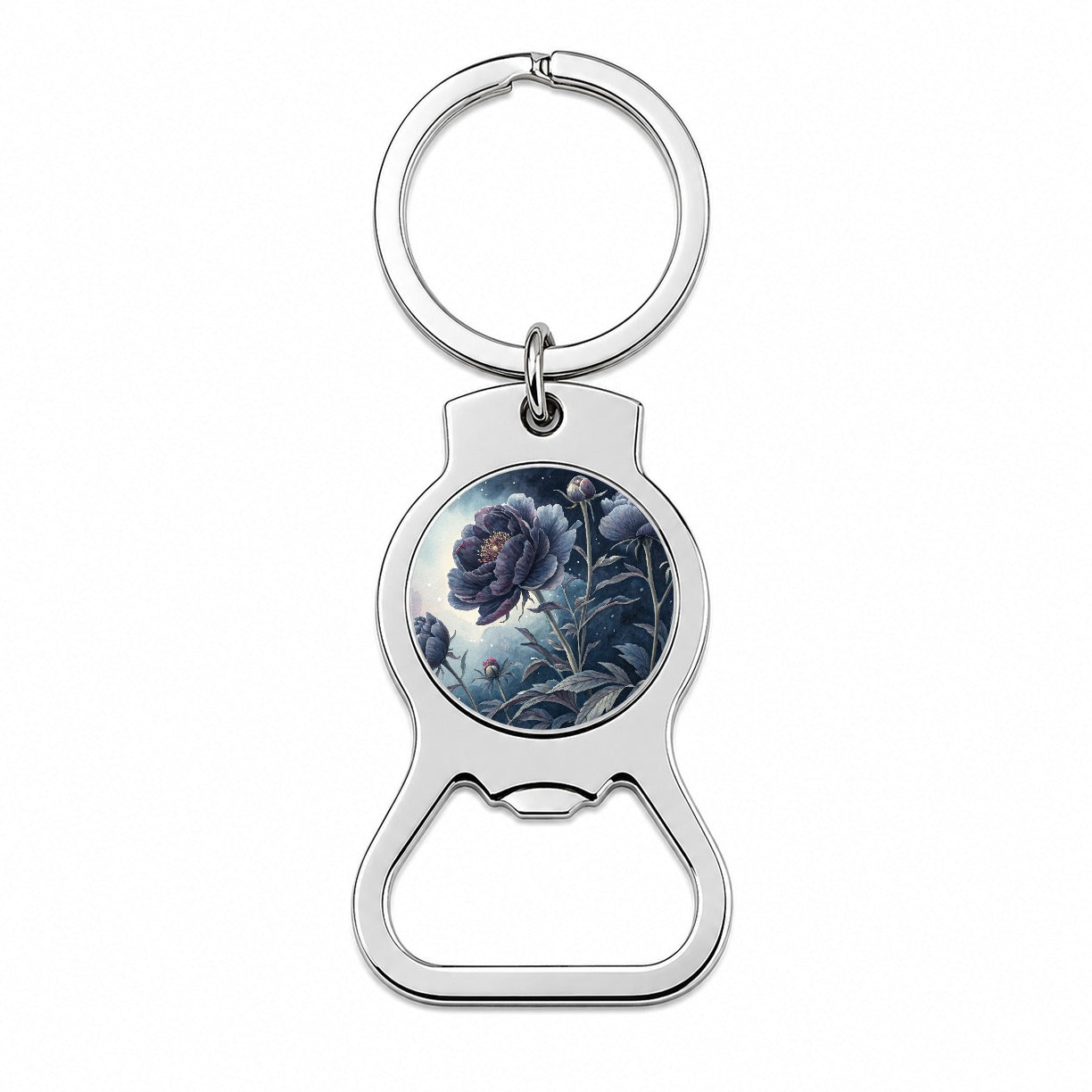 Black Peony Flowers Bottle Opener Keychain