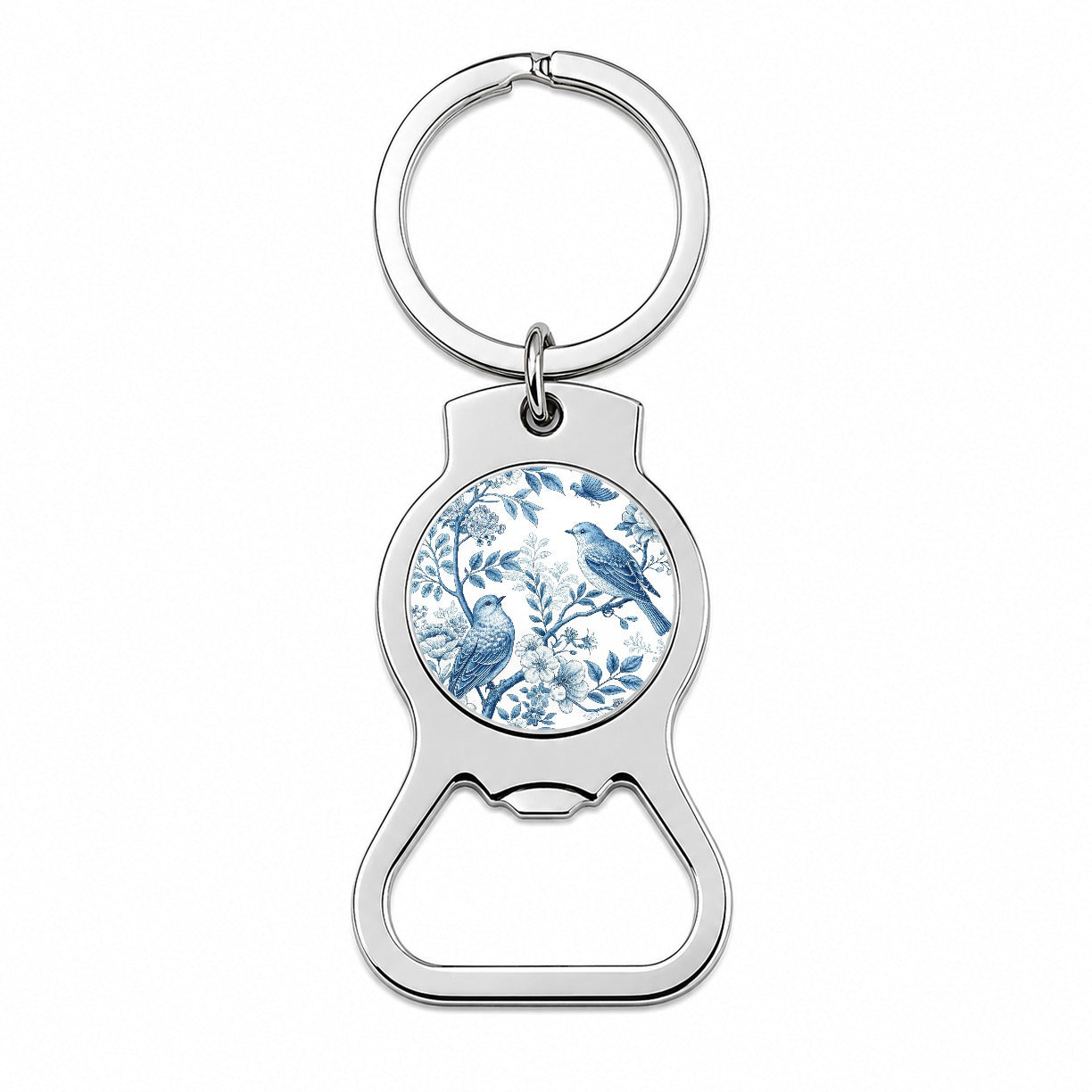 Blue On White Toile With Birds Bottle Opener Keychain