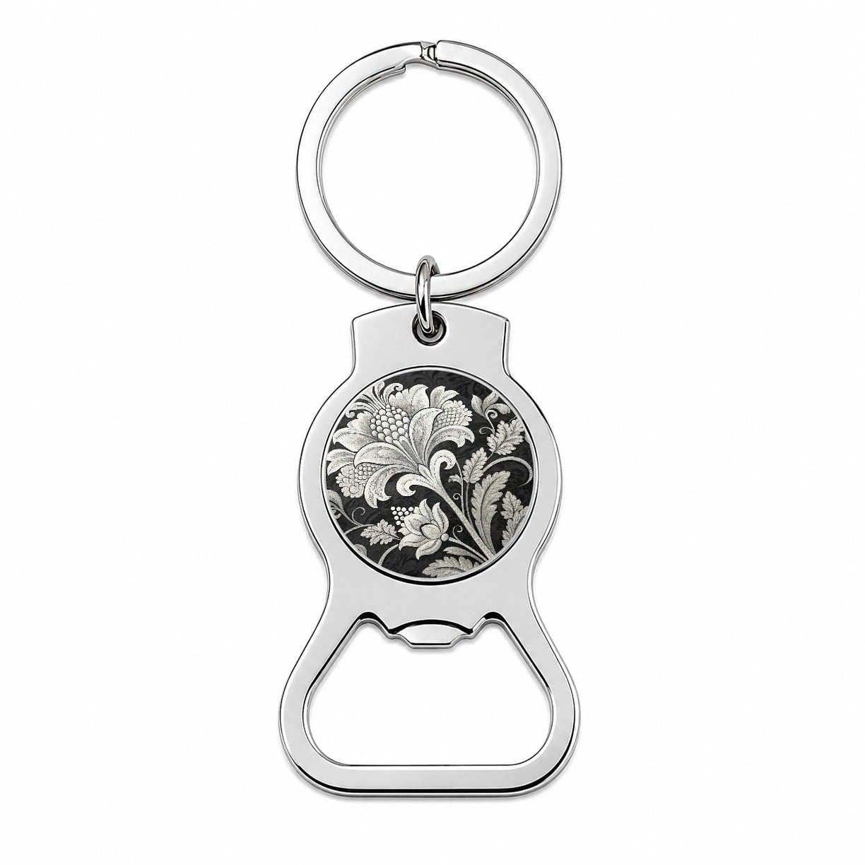 White Damask On Black Bottle Opener Keychain