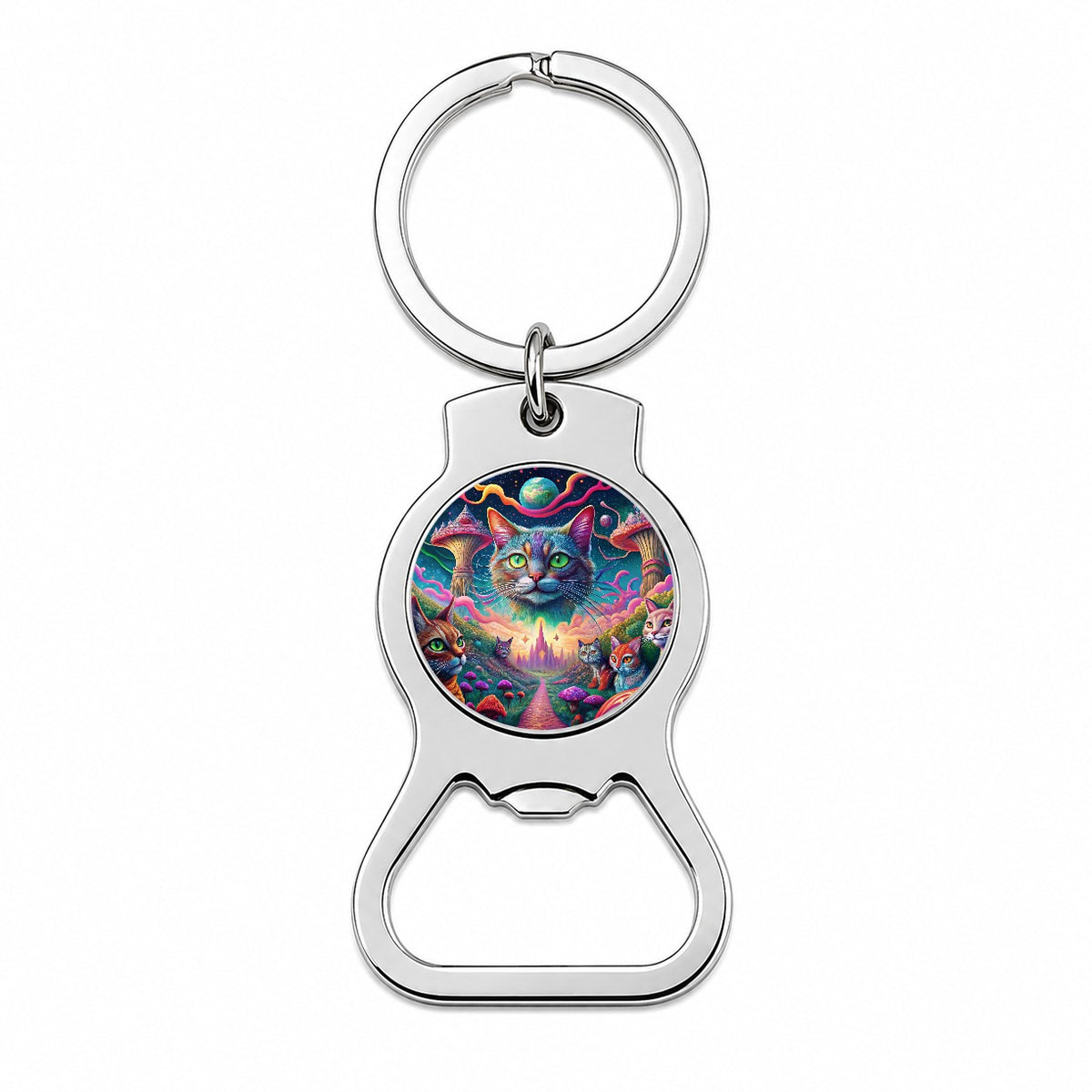 Psychedelic Cats Vibrant Colors Bottle Opener Keychain