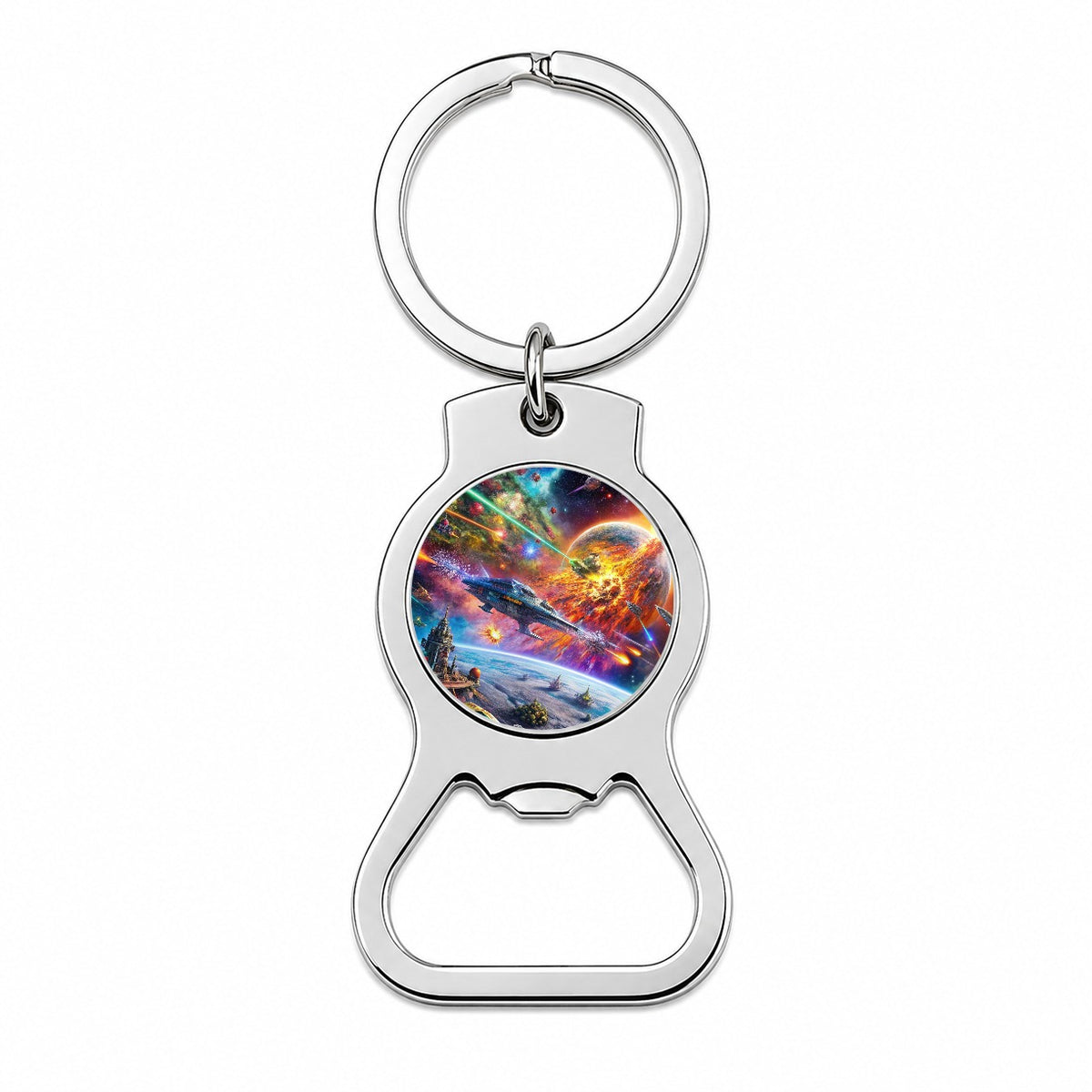 Psychedelic Colorful Space Sci-fi Starship Battle Bottle Opener Keychain