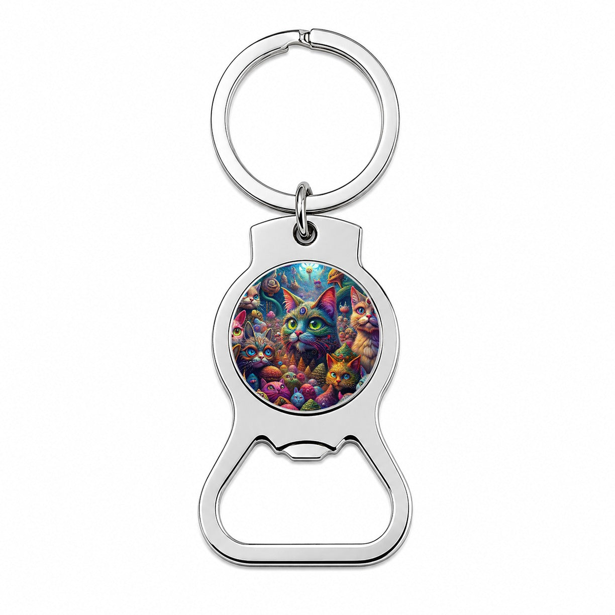 Psychedelic Lots of Cats Vibrant Colors Bottle Opener Keychain