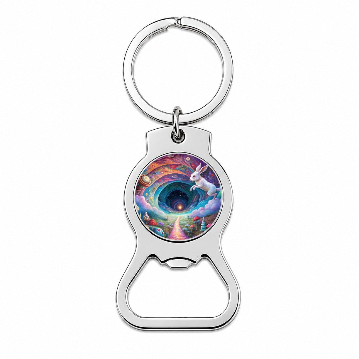 Psychedelic Wonderland White Rabbit Going Down The Hole Bottle Opener Keychain