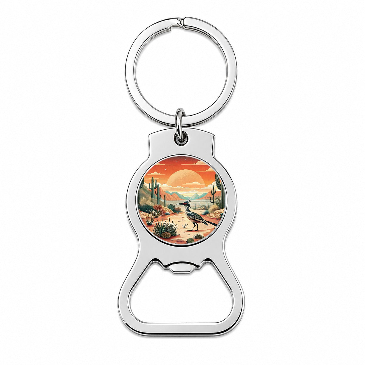 Southwestern Desert Sunrise Roadrunner Design Bottle Opener Keychain