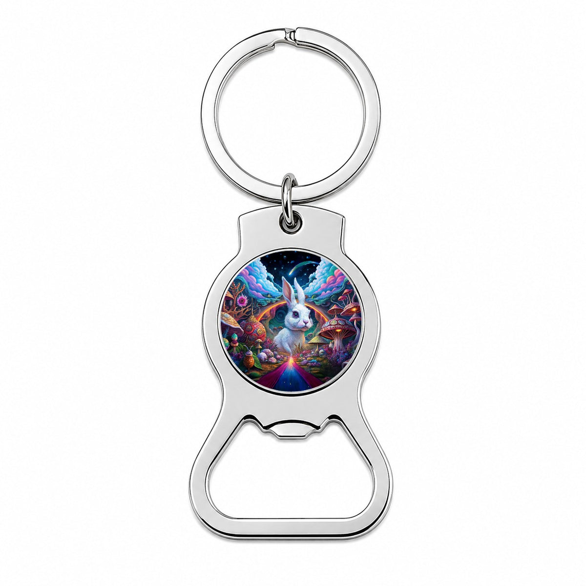 White Rabbit Psychedelic Trippy Wonderland Design Bottle Opener Keychain