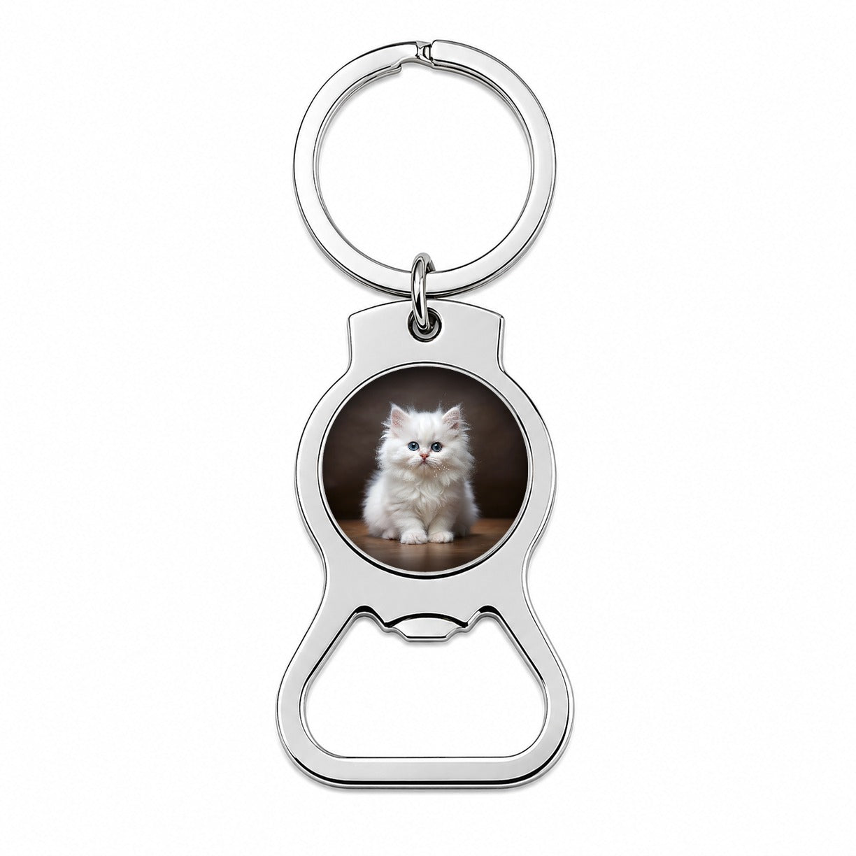 British Longhair White Cat Kitten Photo Bottle Opener Keychain