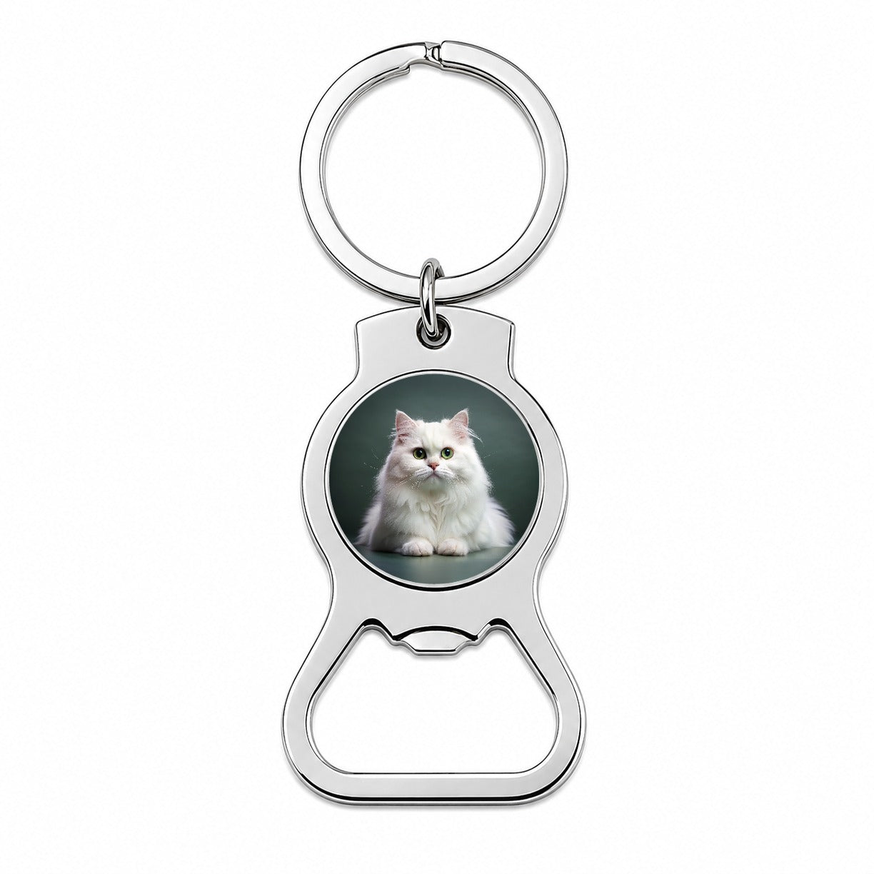 British Longhair White Cat Photo Bottle Opener Keychain