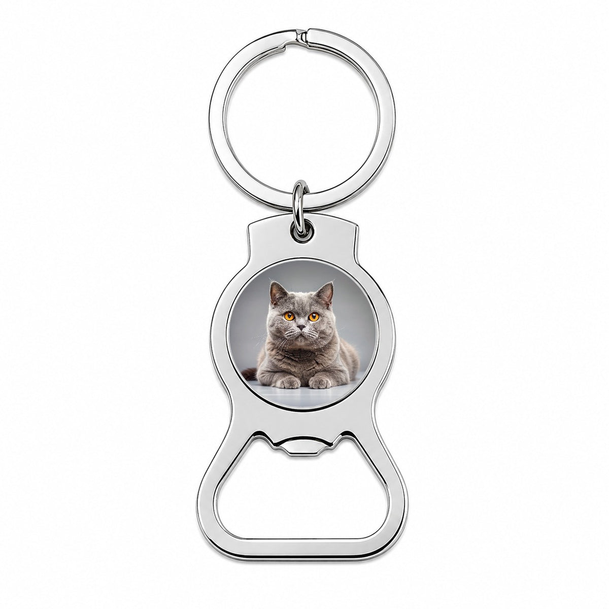 British Shorthair Gray Cat Photo Bottle Opener Keychain