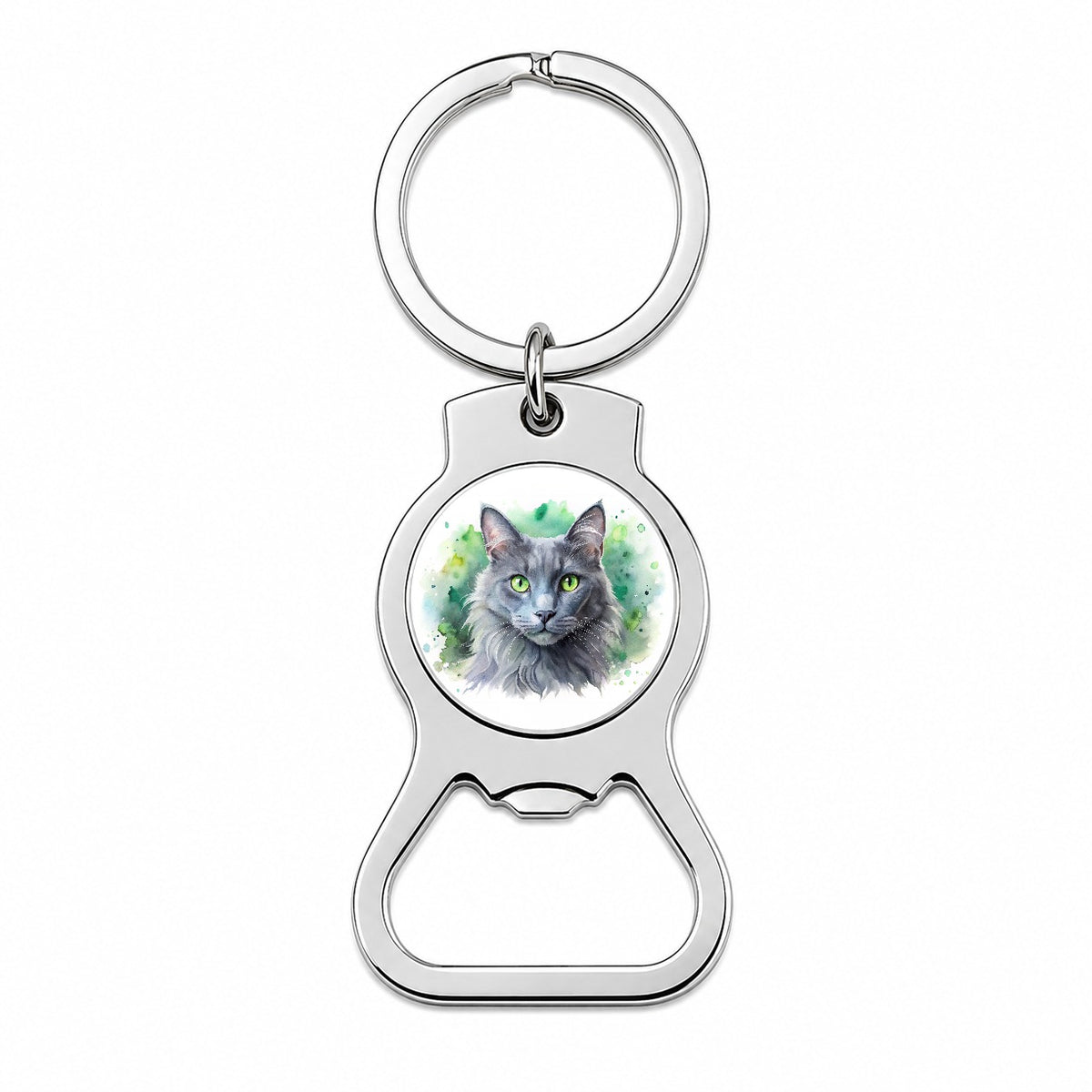 Nebelung Cat With Green Eyes Watercolor Style Bottle Opener Keychain