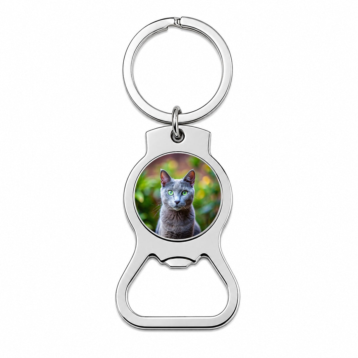 Russian Blue Cat Photo Bottle Opener Keychain