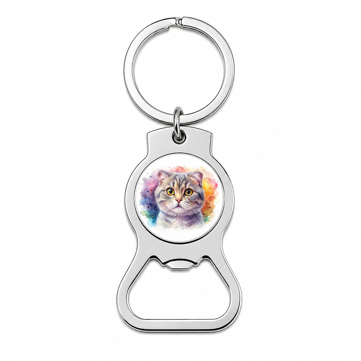 Scottish Fold Cat Watercolor Style Bottle Opener Keychain
