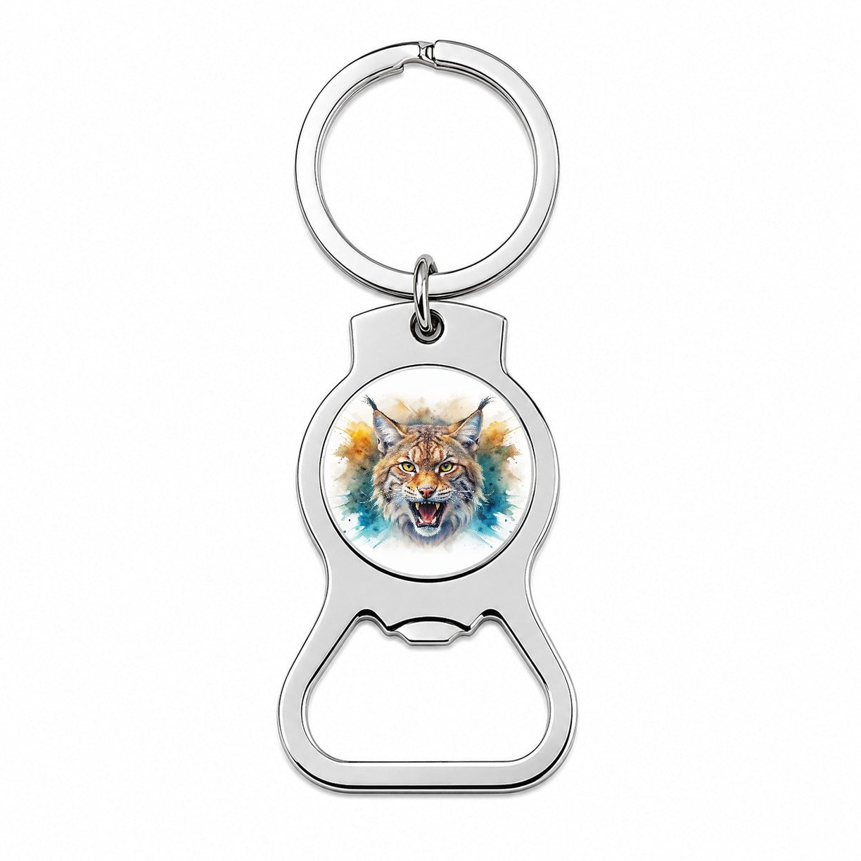 Angry Bobcat Watercolor Design Bottle Opener Keychain