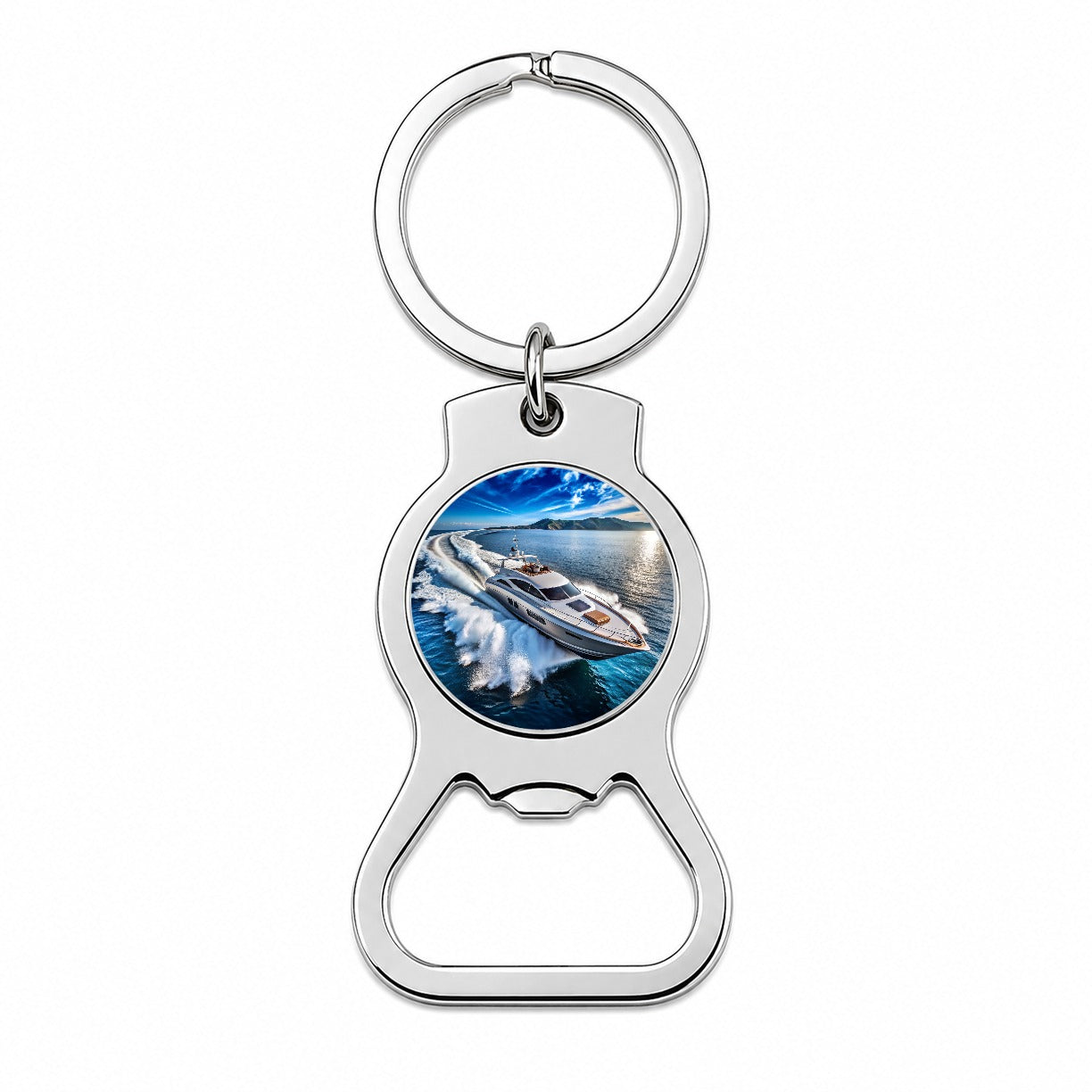 High-Performance Boat At Sea Bottle Opener Keychain