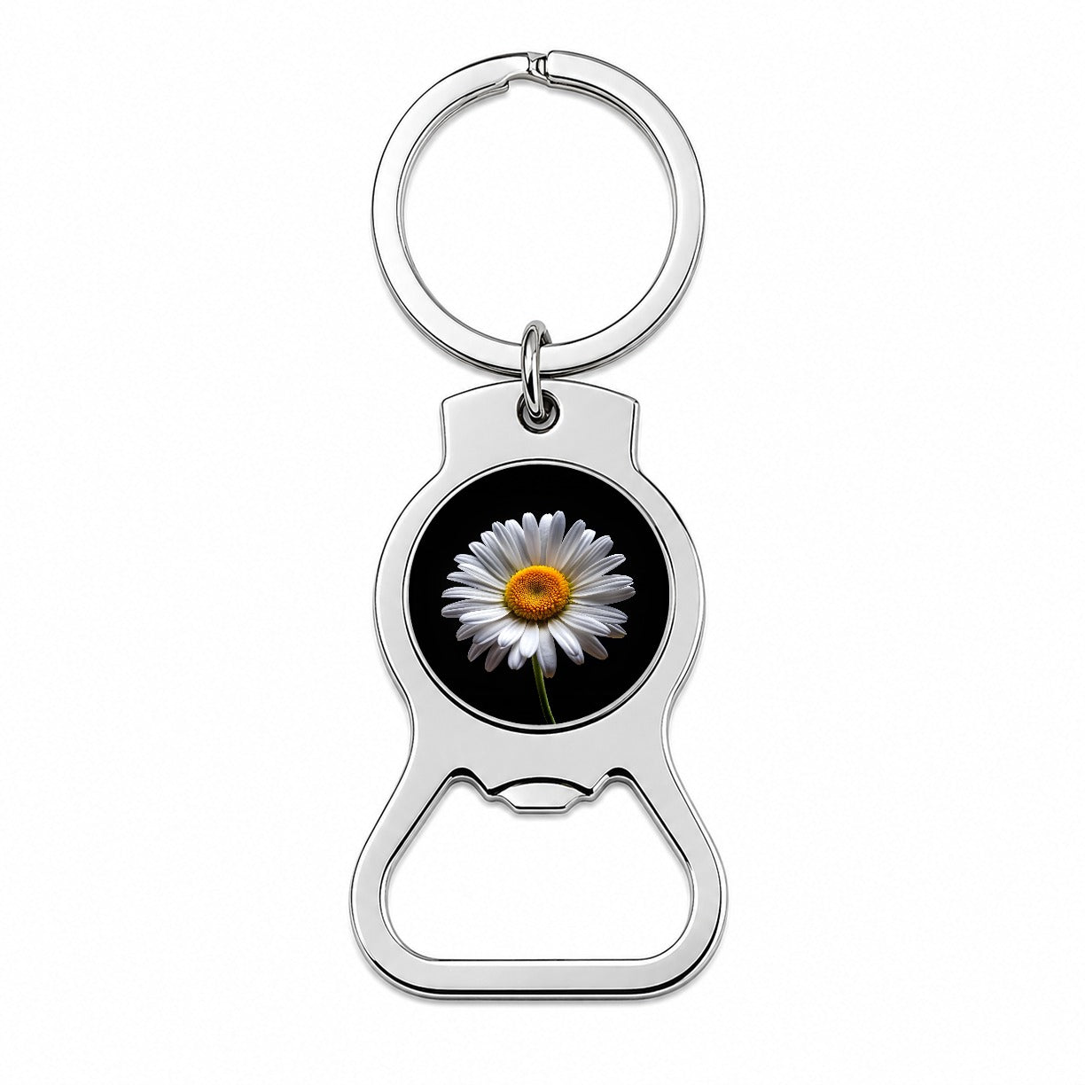 White Daisy Flower Photo Bottle Opener Keychain