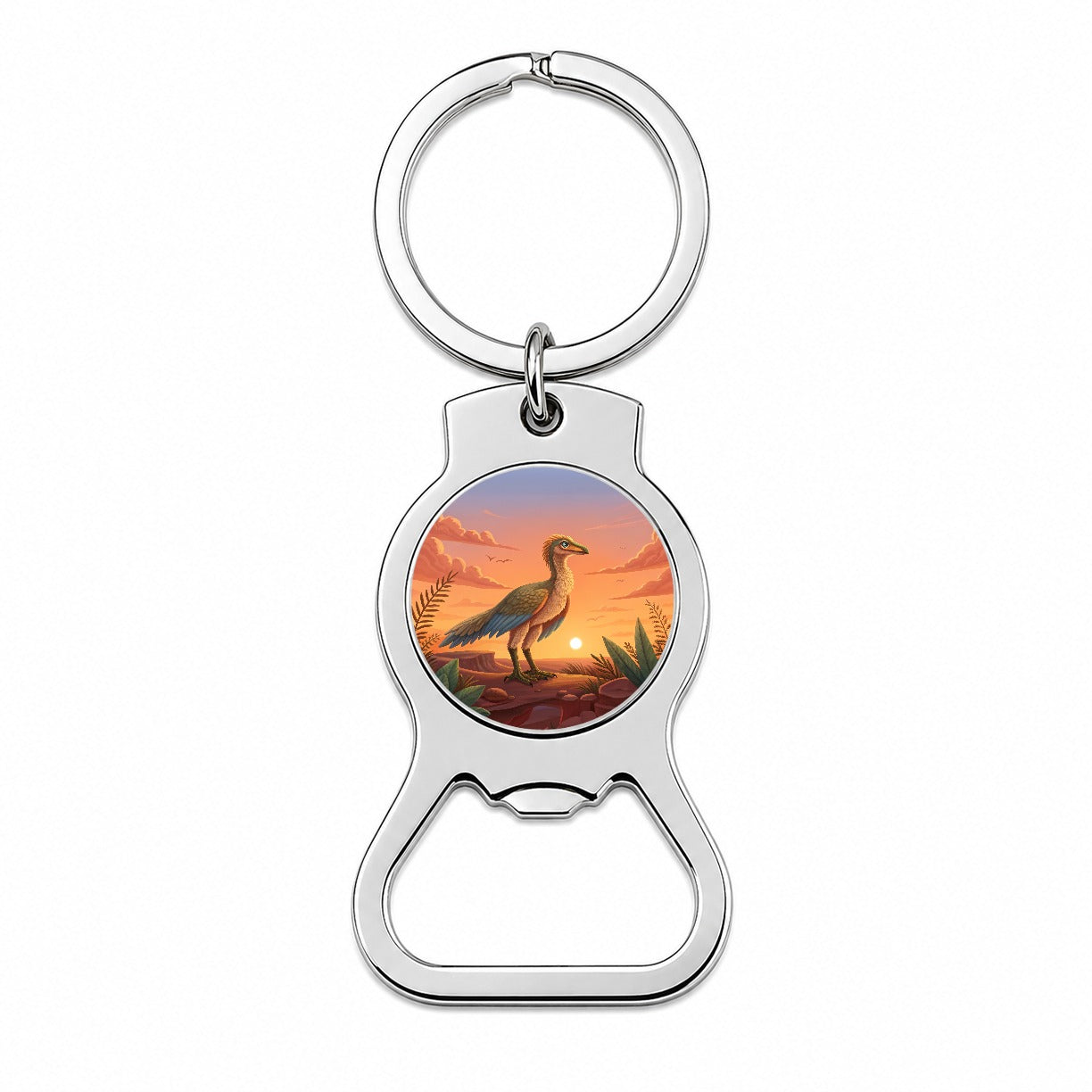 Archaeopteryx Standing Sunset Dinosaur Bottle Opener Keychain