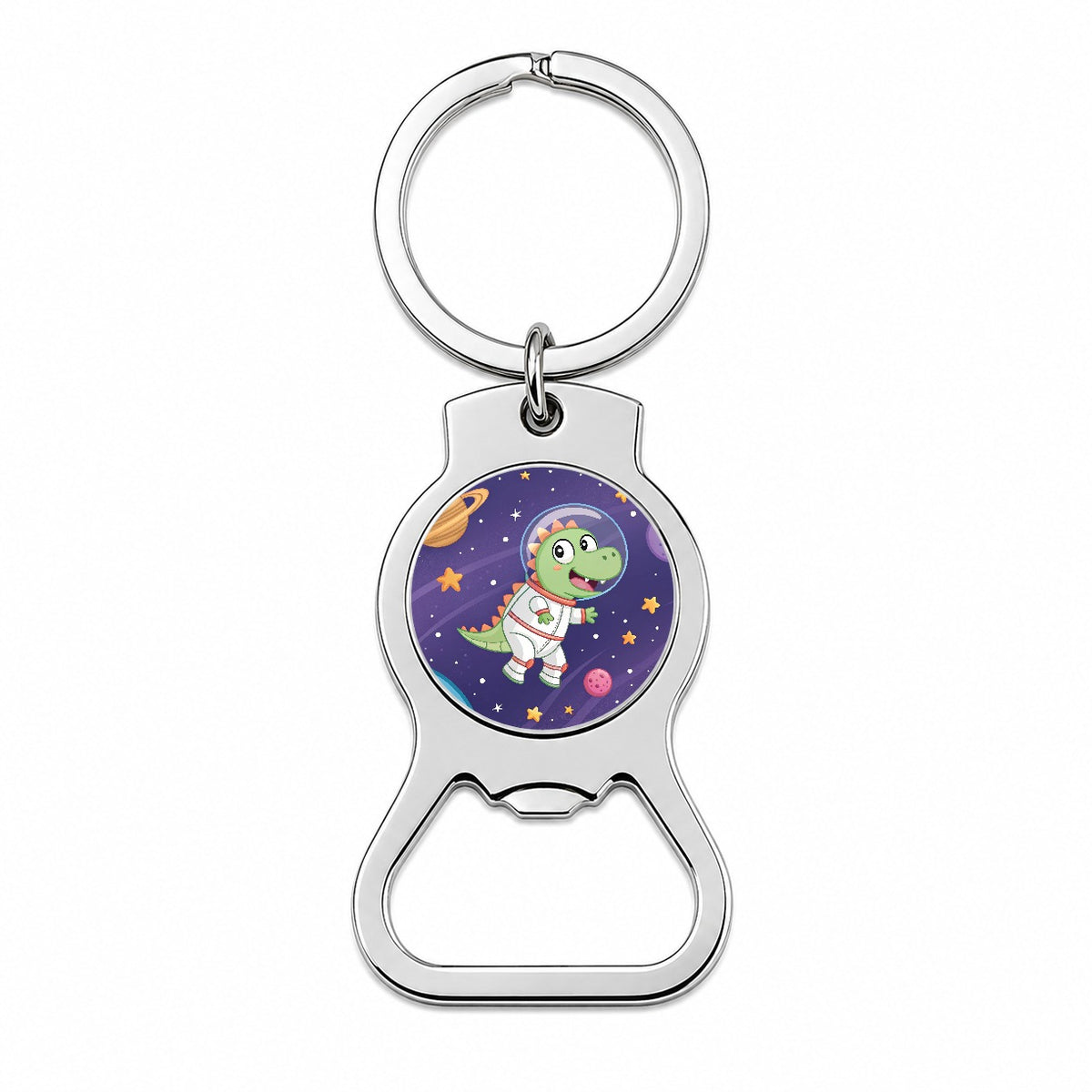 Astronaut Dinosaur Floating Outer Space Planets Bottle Opener Keychain