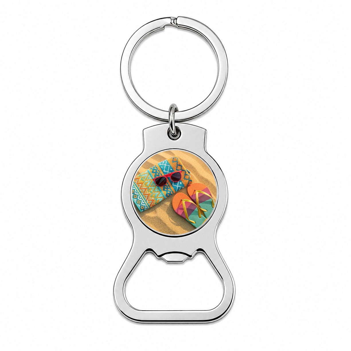 Colorful Sunglasses Flip Flops Towel On Sandy Beach Bottle Opener Keychain