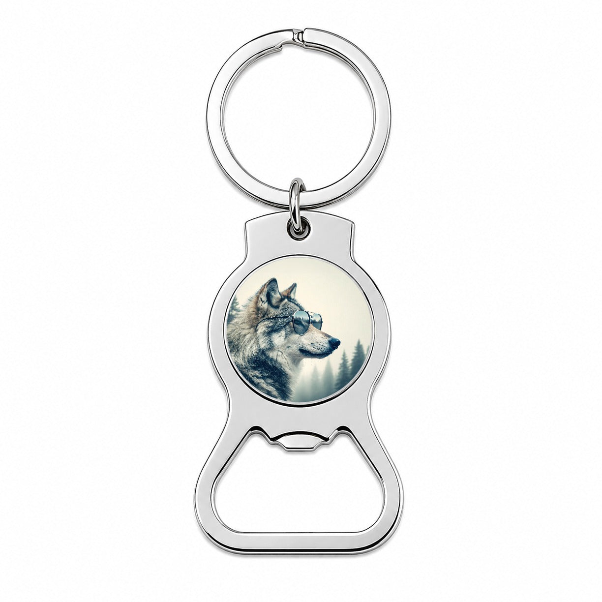 Cool Wolf Wearing Misty Woods Bottle Opener Keychain