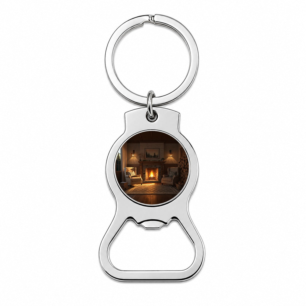 Cozy Fireplace Scene Bottle Opener Keychain