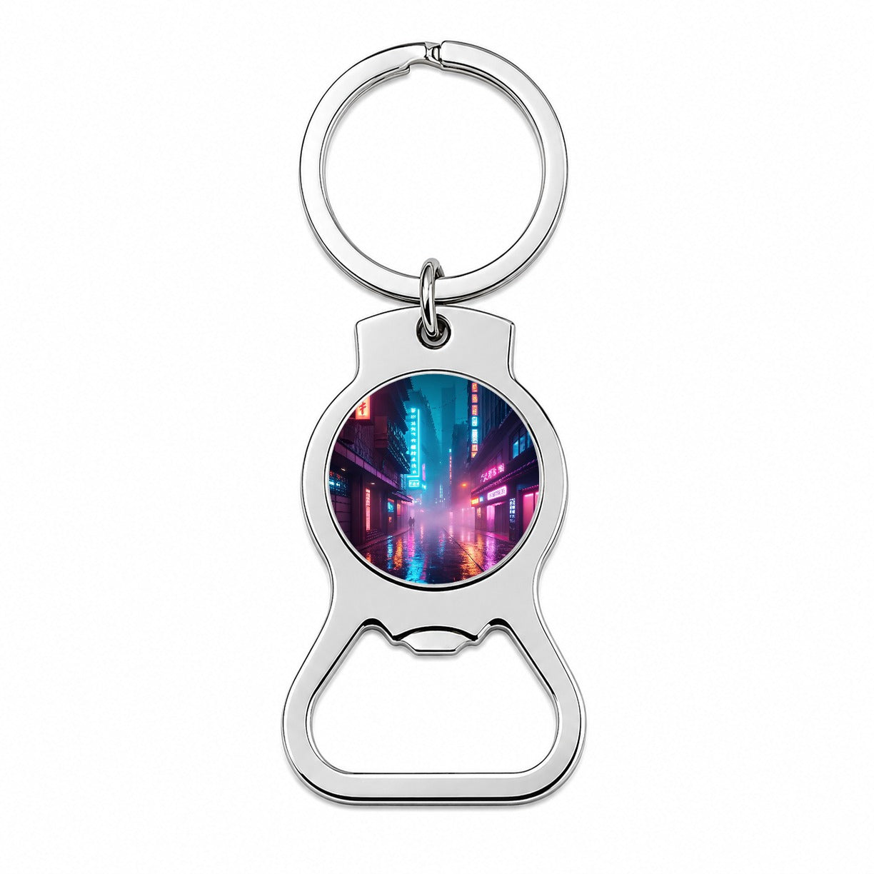 Futuristic City Alley Night Glowing Signs Bottle Opener Keychain