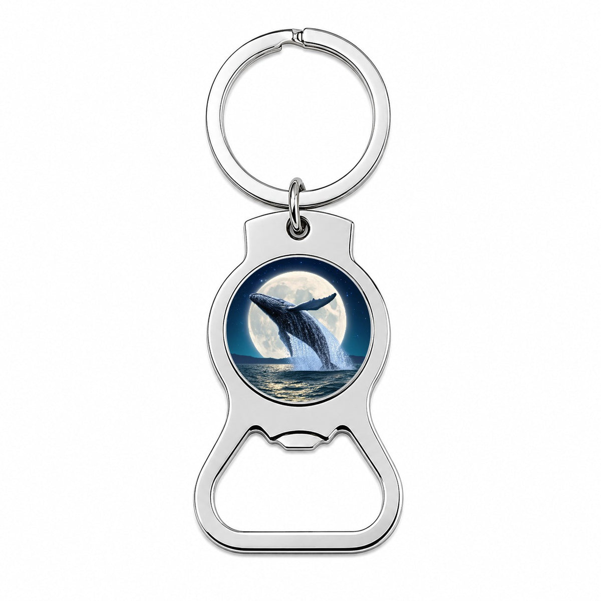 Giant Whale Leaping Over Ocean Moon Bottle Opener Keychain