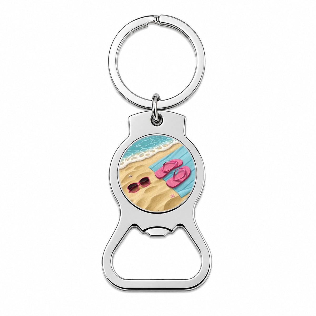Pink Sunglasses Flip Flops Towel On Sand Beach Bottle Opener Keychain