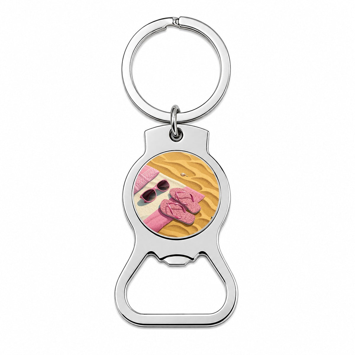 Pink Sunglasses Flip Flops Towel On Sand Cute Bottle Opener Keychain