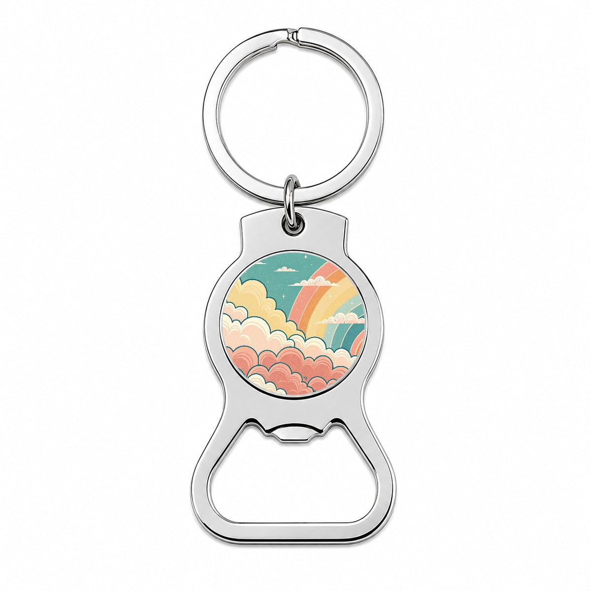 Repeating Puffy Clouds Retro Cute Rainbow Bottle Opener Keychain