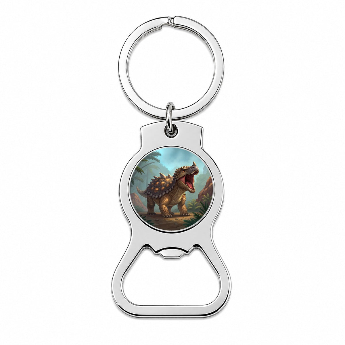 Roaring Ankylosaurus Dinosaur Mountains Bottle Opener Keychain
