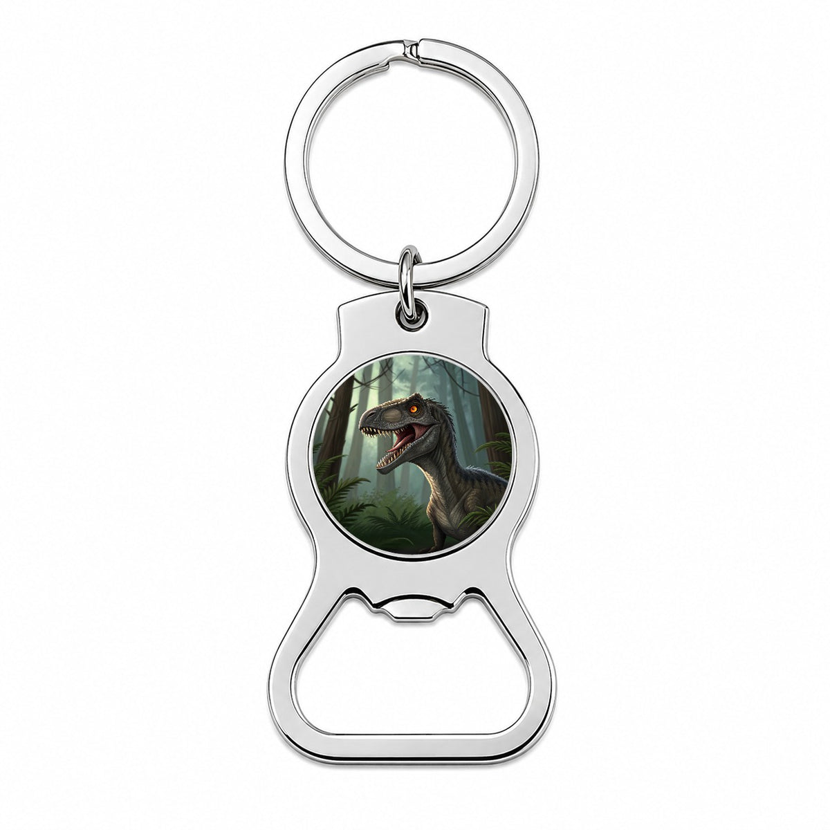 Roaring Raptor Dinosaur Forest Bottle Opener Keychain