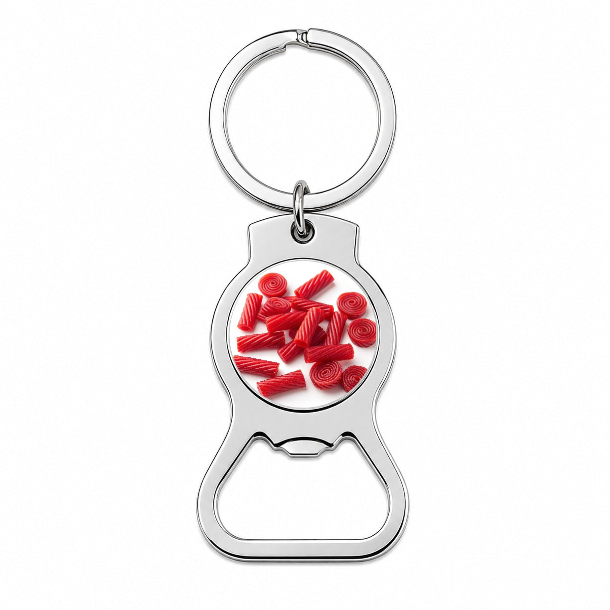 Scattered Red Licorice Bottle Opener Keychain
