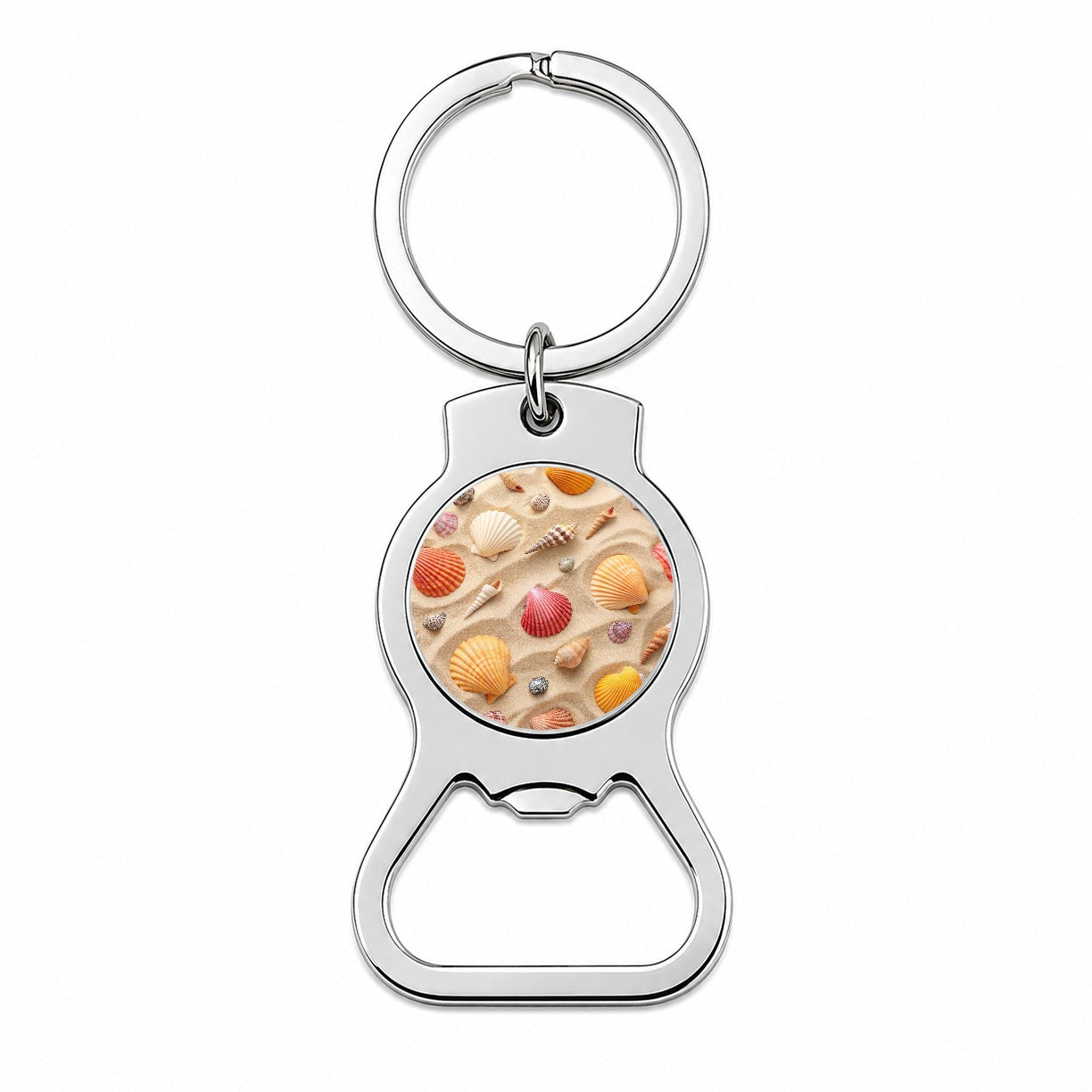 Seashell Collage On Sandy Background Beach Bottle Opener Keychain