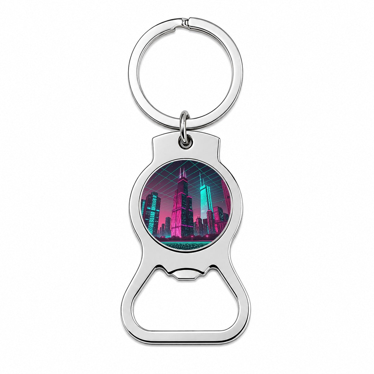 Skyscrapers Buildings Lit Pink Teal Bottle Opener Keychain