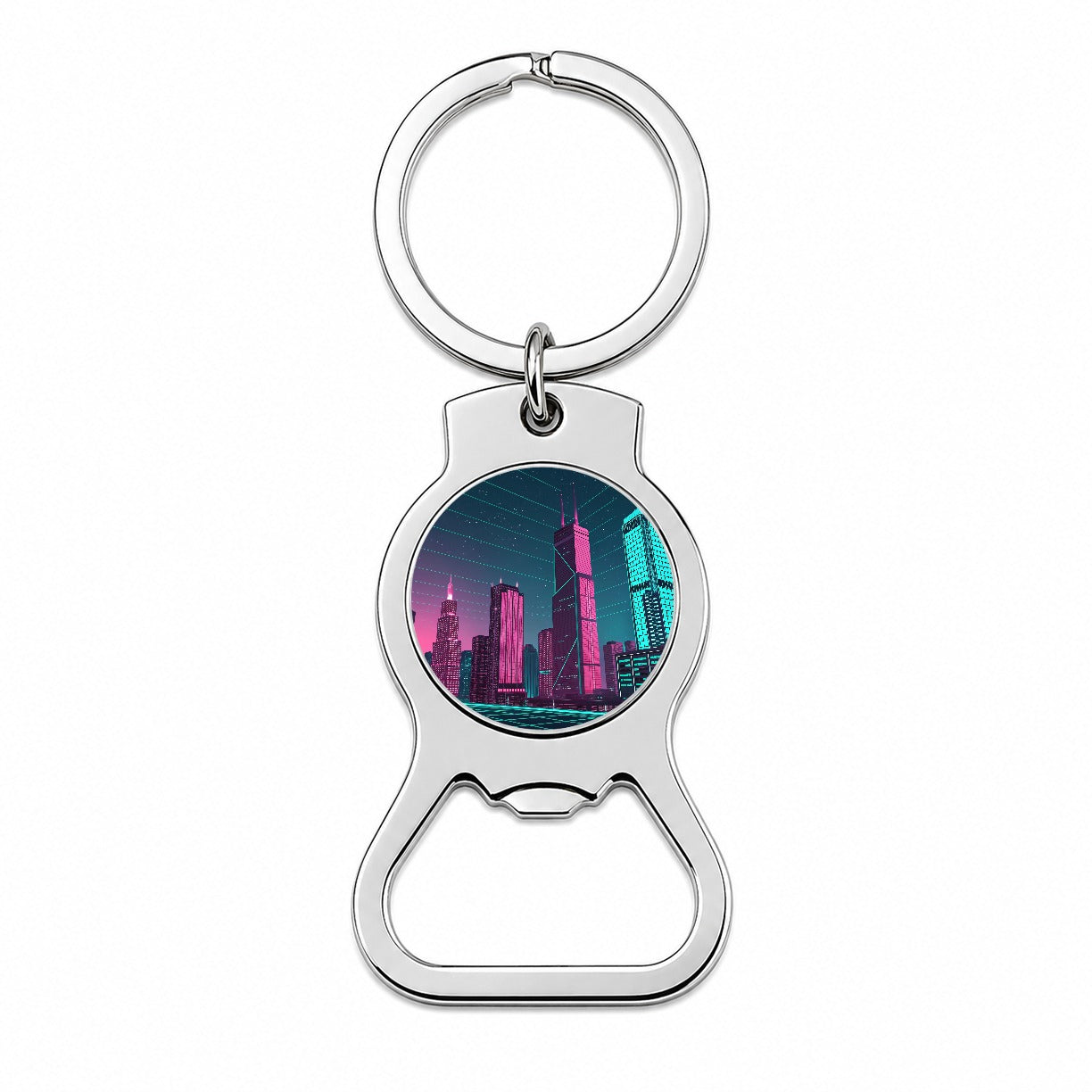 Skyscrapers Lit Pink Teal Glitch Effects Bottle Opener Keychain