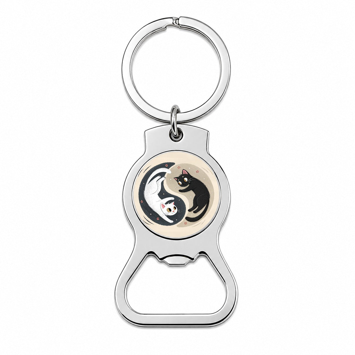 Two Cats Yin Yang Black White Bottle Opener Keychain
