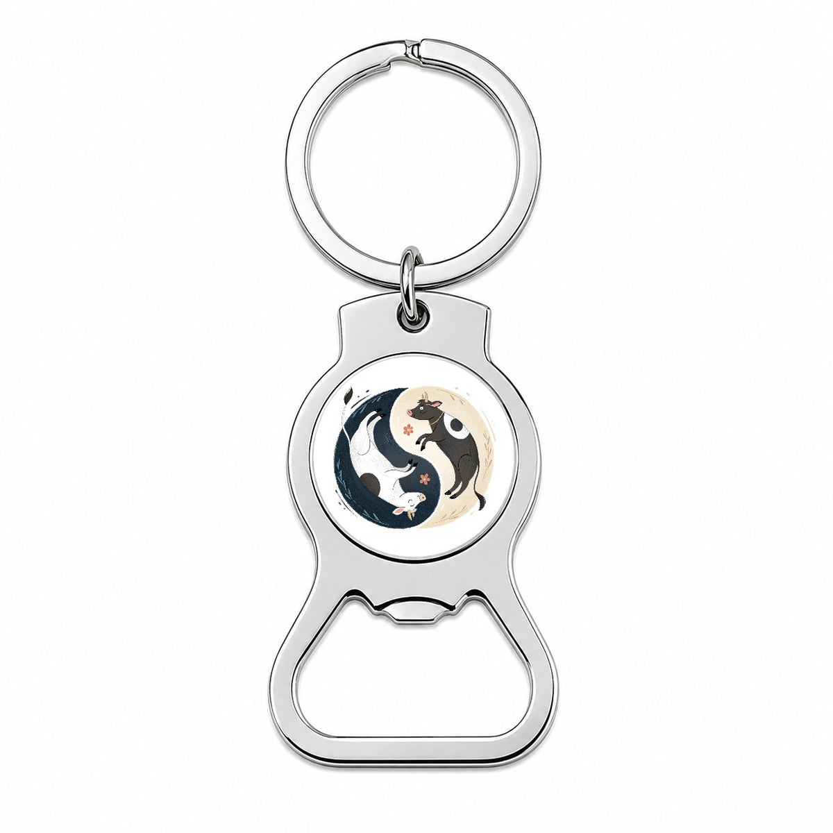 Two Cows Yin Yang Illustration Bottle Opener Keychain