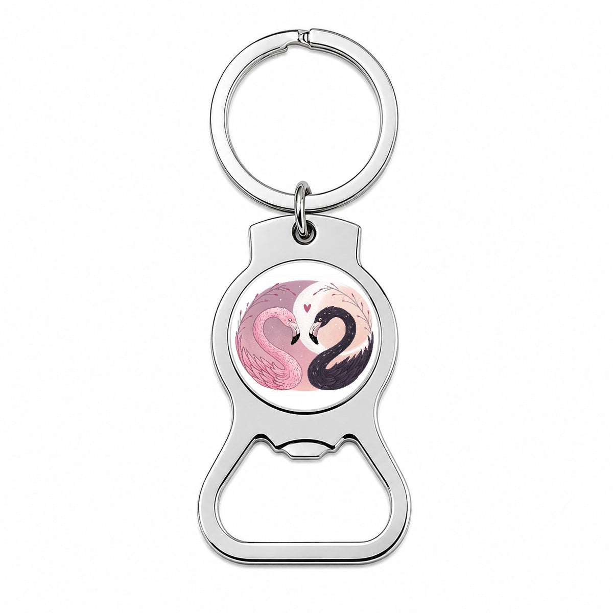 Two Flamingos Yin Yang Pink Black Bottle Opener Keychain