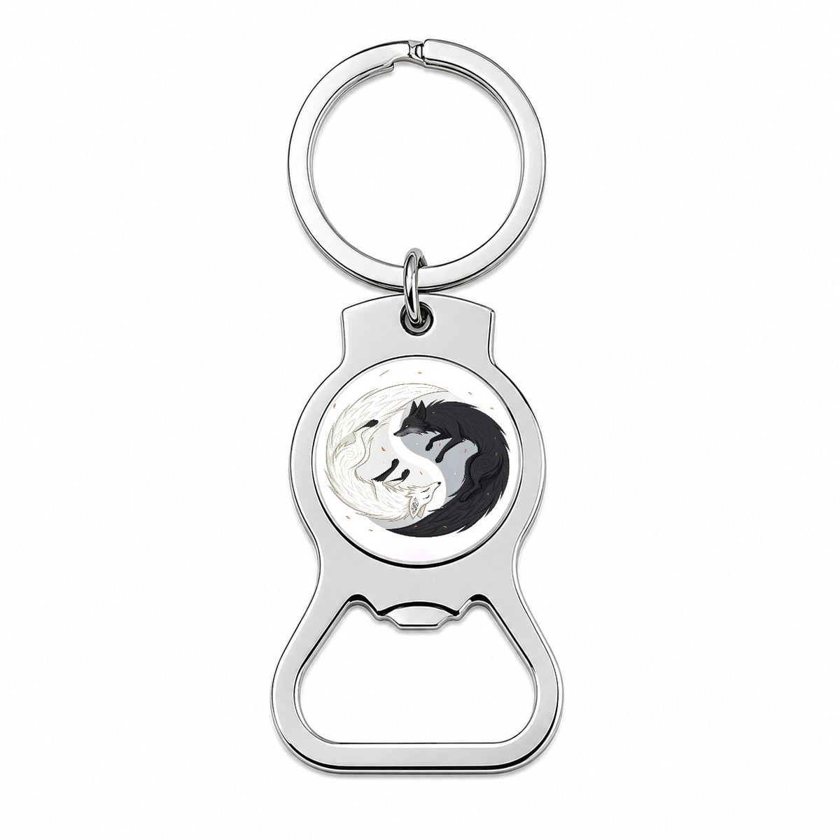 Two Foxes Yin Yang Black White Bottle Opener Keychain