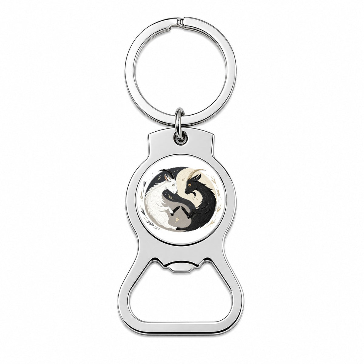 Two Goats Yin Yang White Black Bottle Opener Keychain