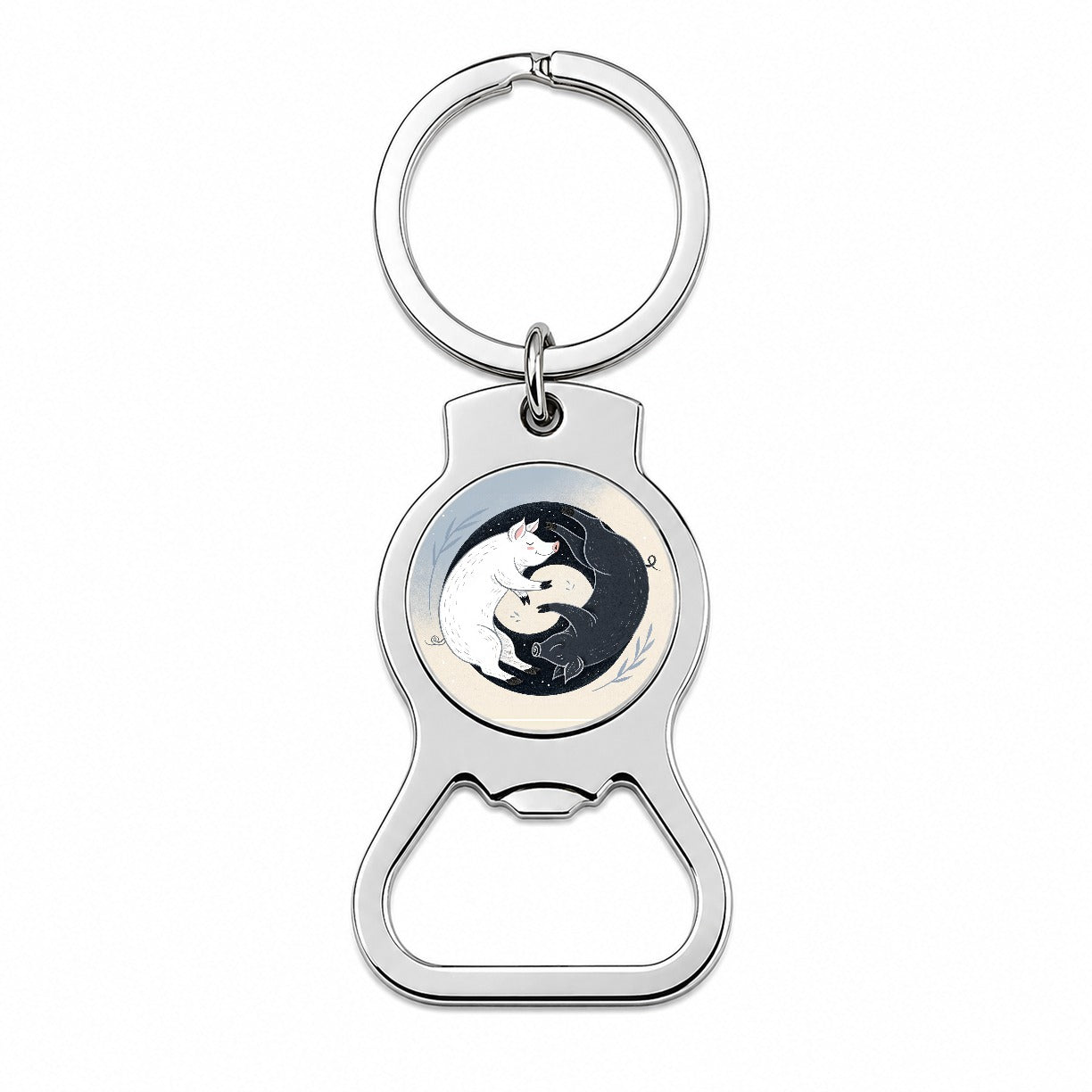 Two Pigs Yin Yang Black White Bottle Opener Keychain
