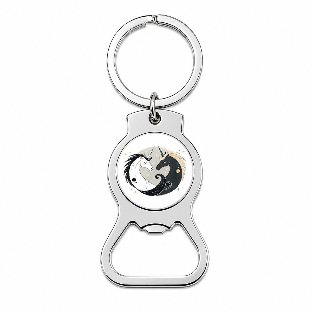 Two Unicorns Yin Yang Black White Bottle Opener Keychain