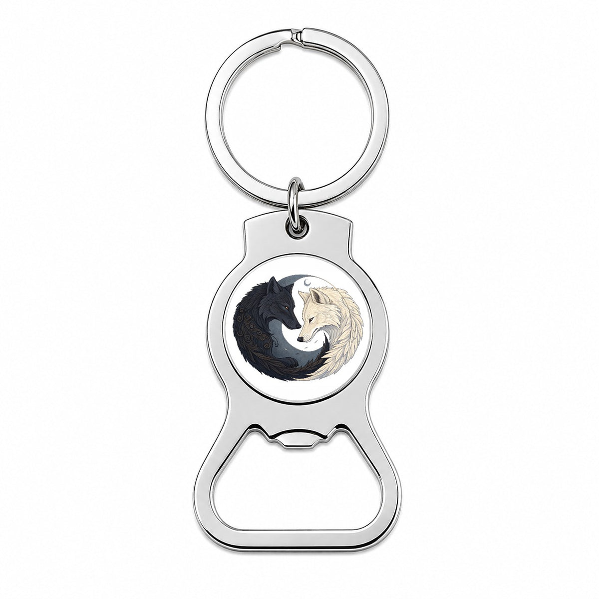 Two Wolves Yin Yang Bottle Opener Keychain