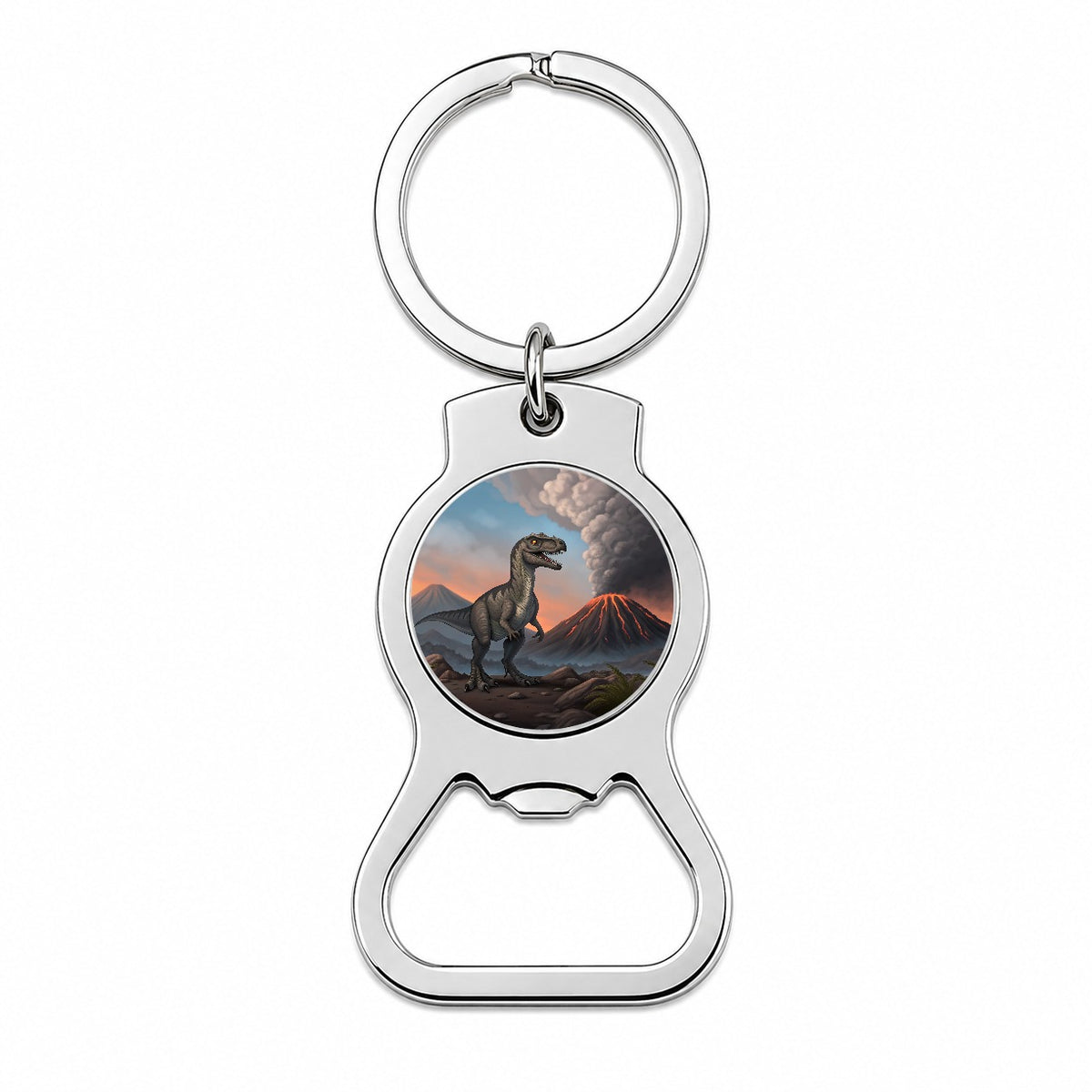 Velociraptor Volcano Dinosaur Bottle Opener Keychain