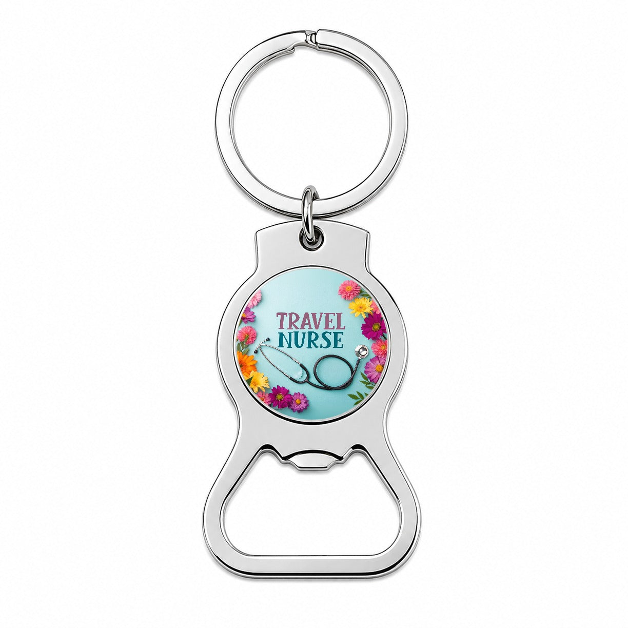 Travel Nurse Appreciation Stethoscope Flowers Bottle Opener Keychain