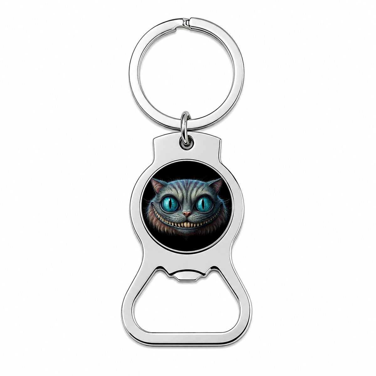 Creepy Cheshire Cat Grin on Black Bottle Opener Keychain