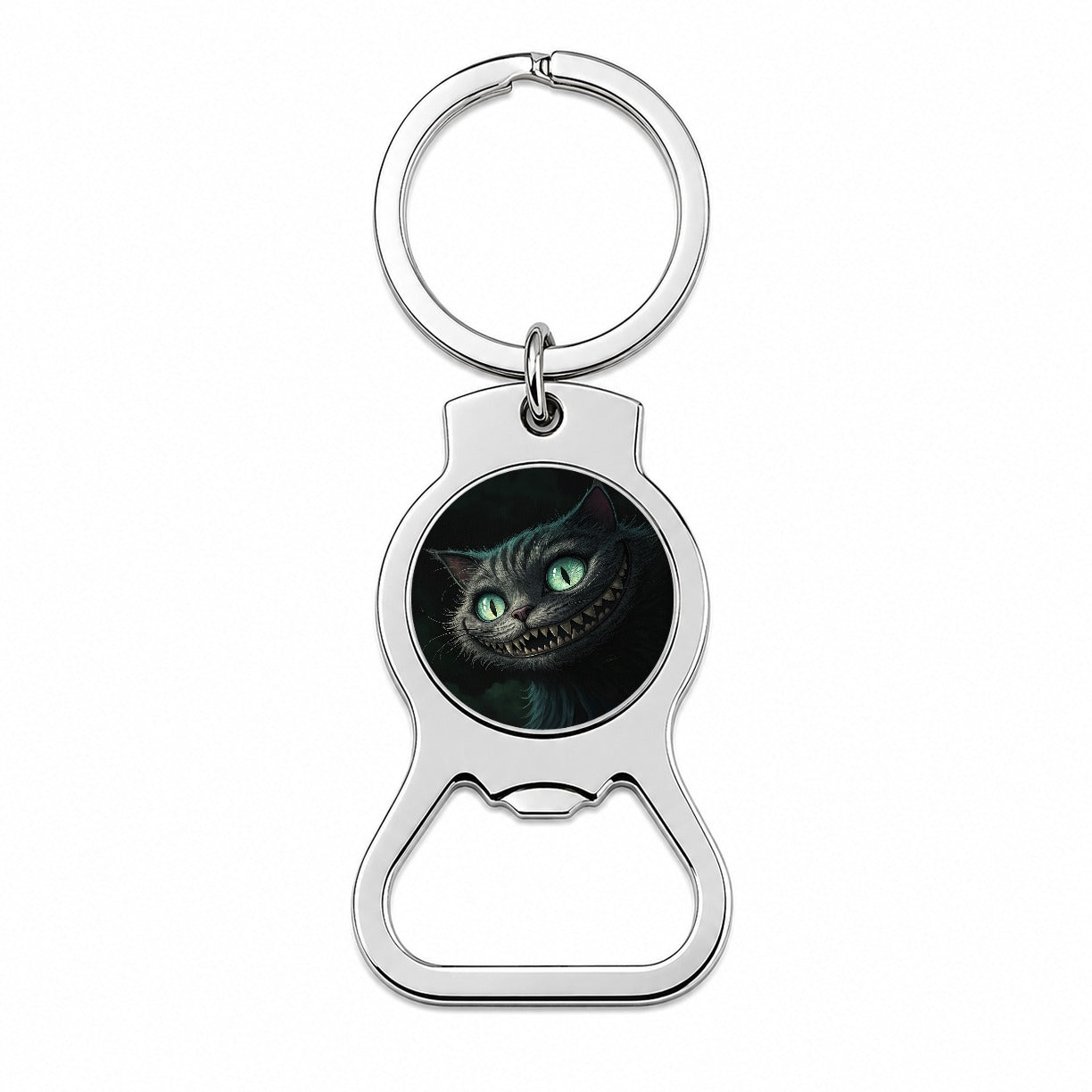 Evil Cheshire Cat Grinning On Black Bottle Opener Keychain