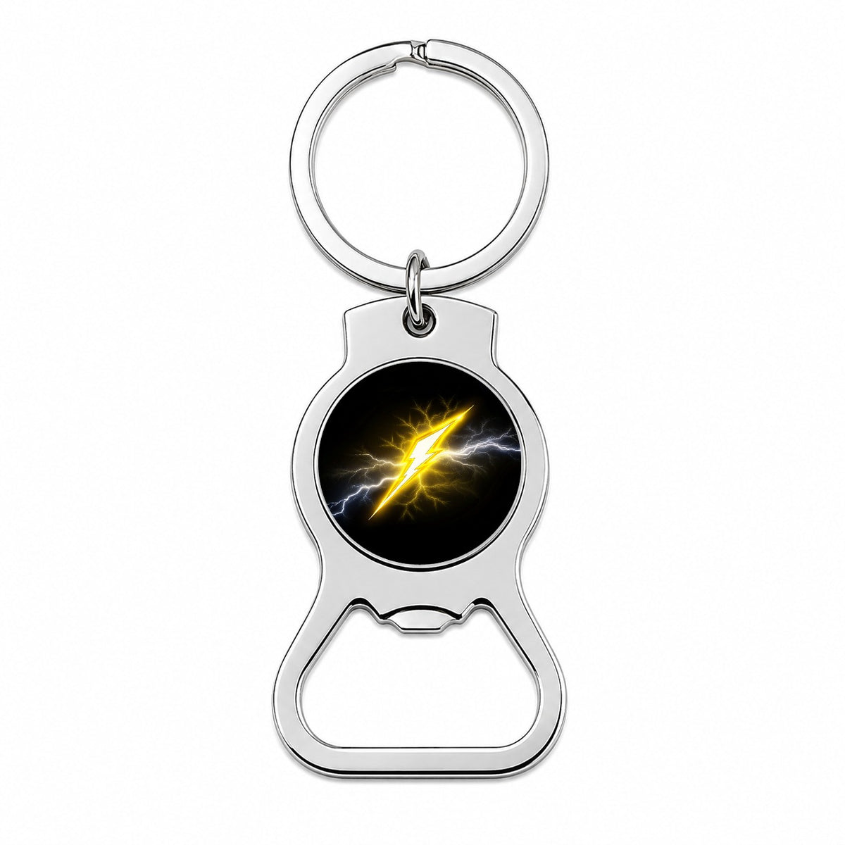 Yellow and White Lightning Bolt On Black Bottle Opener Keychain